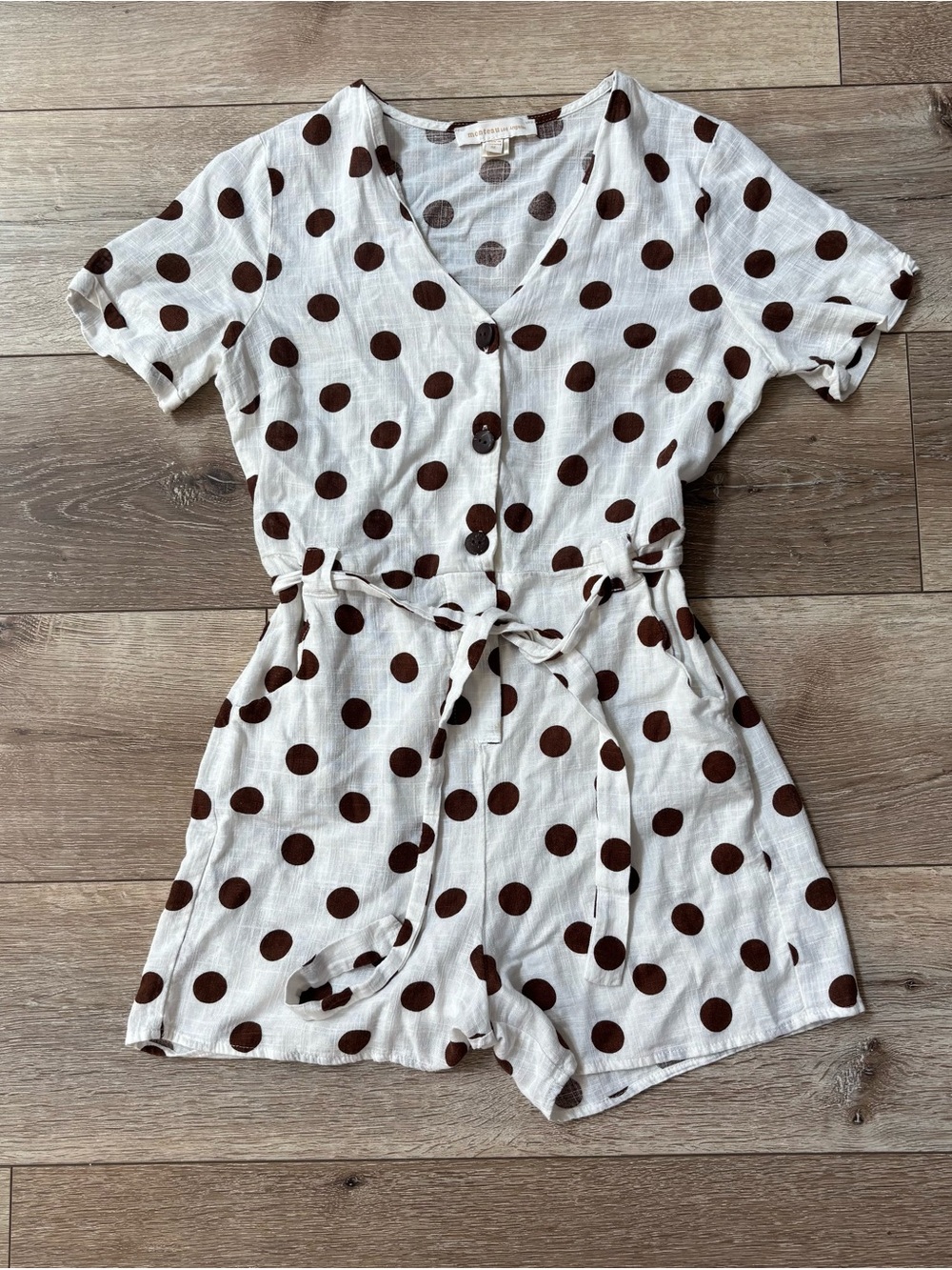 Monteau White Romper with Brown Polka Dots and Tie Waist